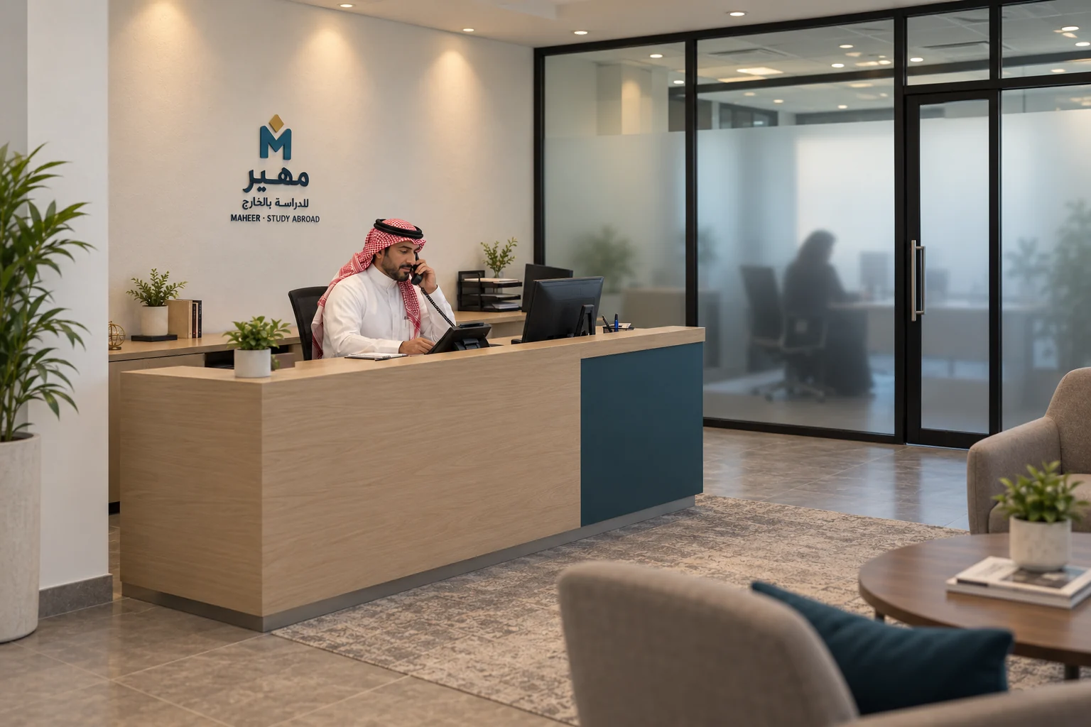 تصوّر لمكتب مهير: موظف سعودي يتحدث بالهاتف المكتبي في الاستقبال، وخلف الزجاج الثلجي موظفة لا تظهر ملامحها